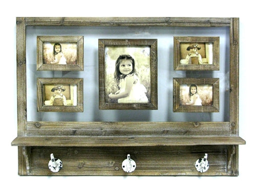 Wooden Wall Shelf With Hooks and Picture Frames - Berry Hill - Country Living Products