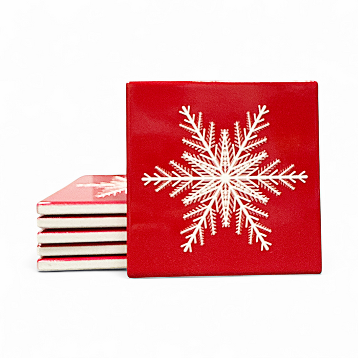 Set of 6 Textured Printed Ceramic Coaster - Merry Snowflake