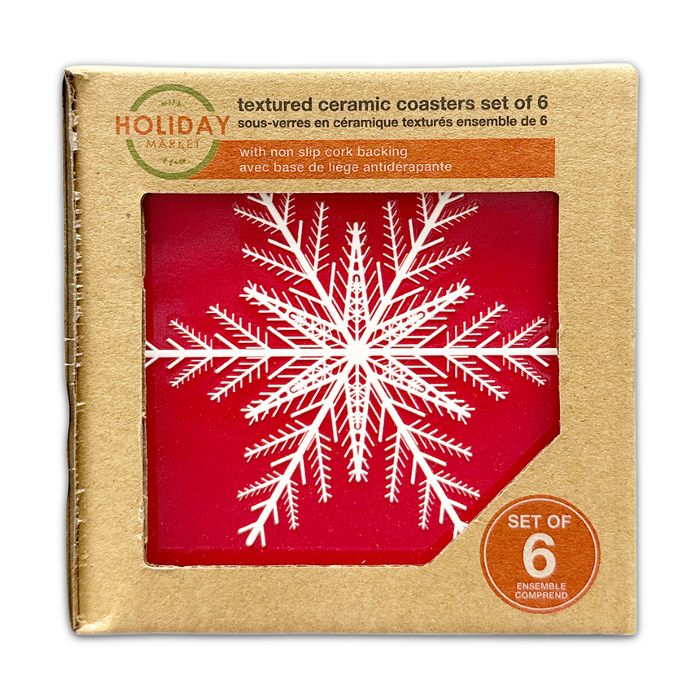 Set of 6 Textured Printed Ceramic Coaster - Merry Snowflake