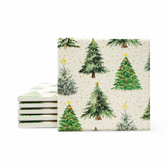 Set of 6 Textured Printed Ceramic Coaster - Confetti Trees