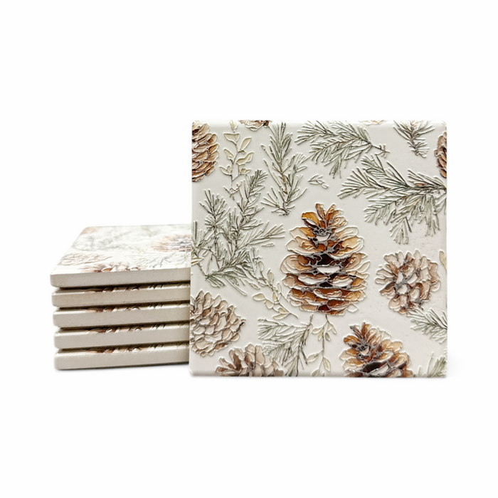 Set of 6 Textured Printed Ceramic Coaster - Pinecone Firs
