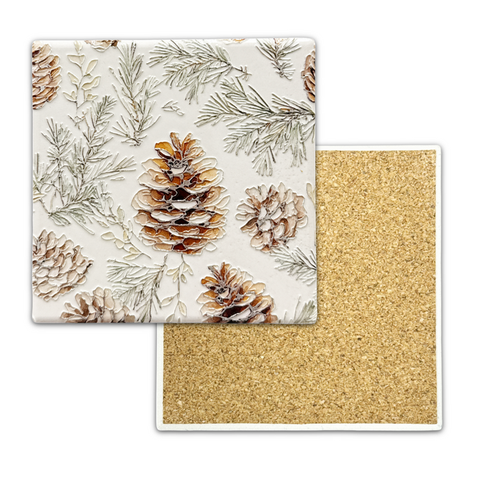 Set of 6 Textured Printed Ceramic Coaster - Pinecone Firs