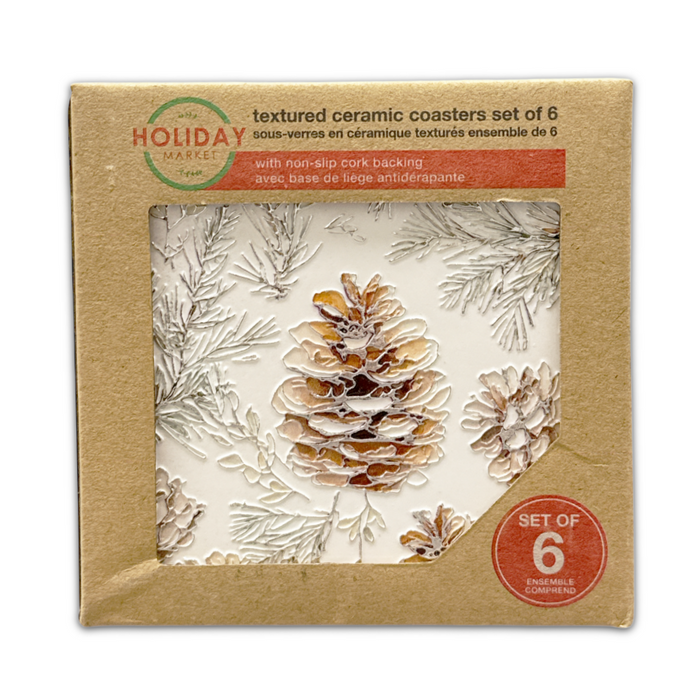 Set of 6 Textured Printed Ceramic Coaster - Pinecone Firs