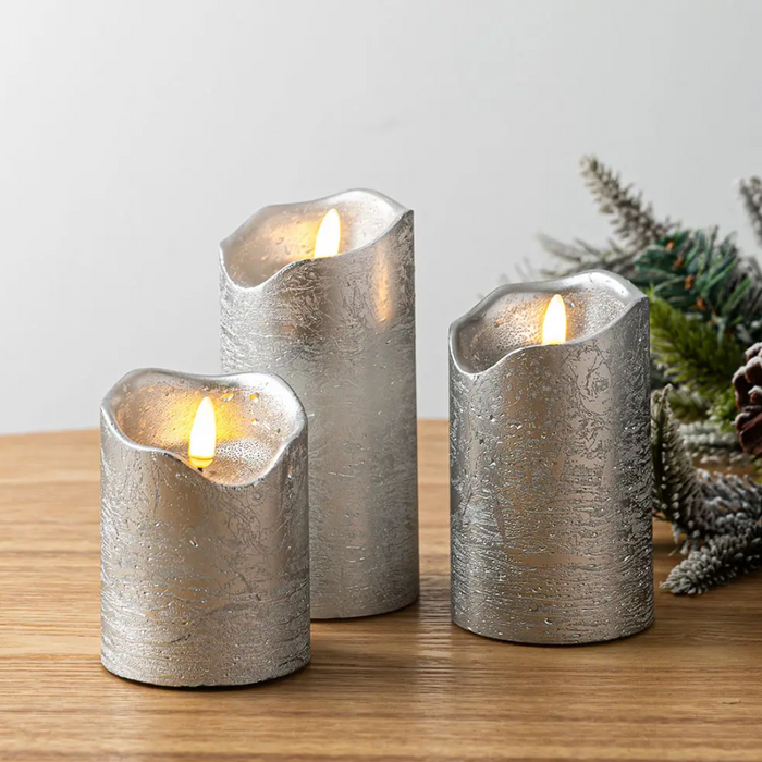 One Touch LED Pillar Candle Set of 3 - Silver