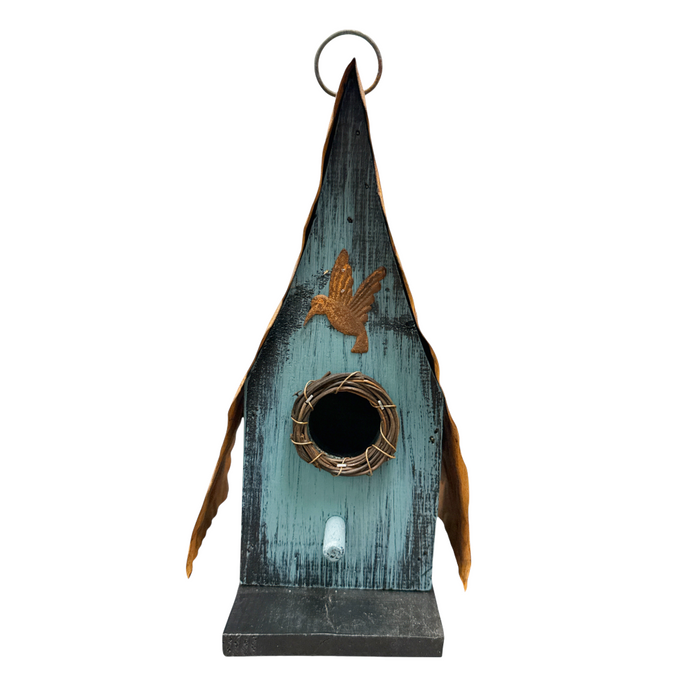 10" Blue Birdhouse with Rusted Roof