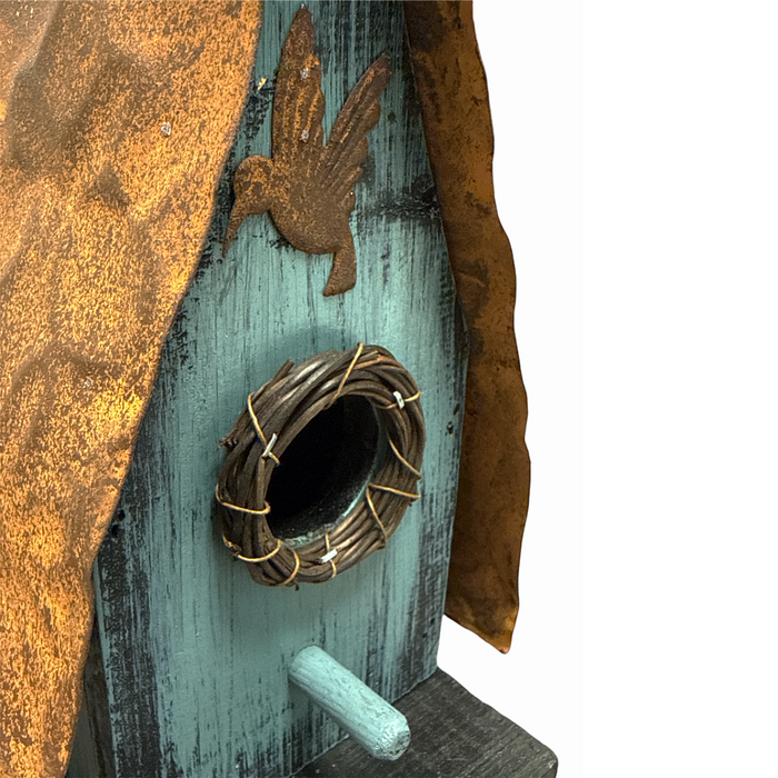10" Blue Birdhouse with Rusted Roof