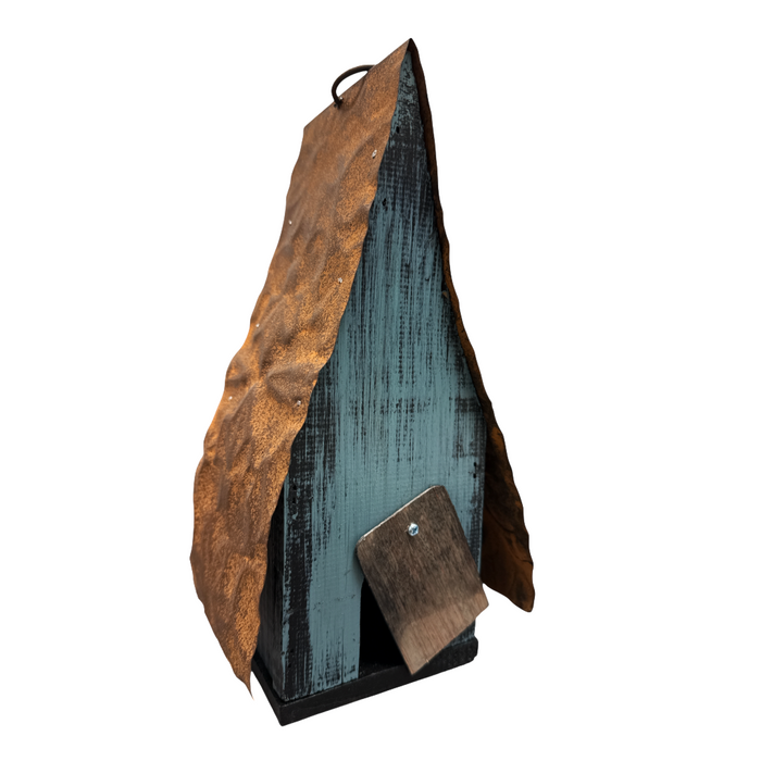 10" Blue Birdhouse with Rusted Roof