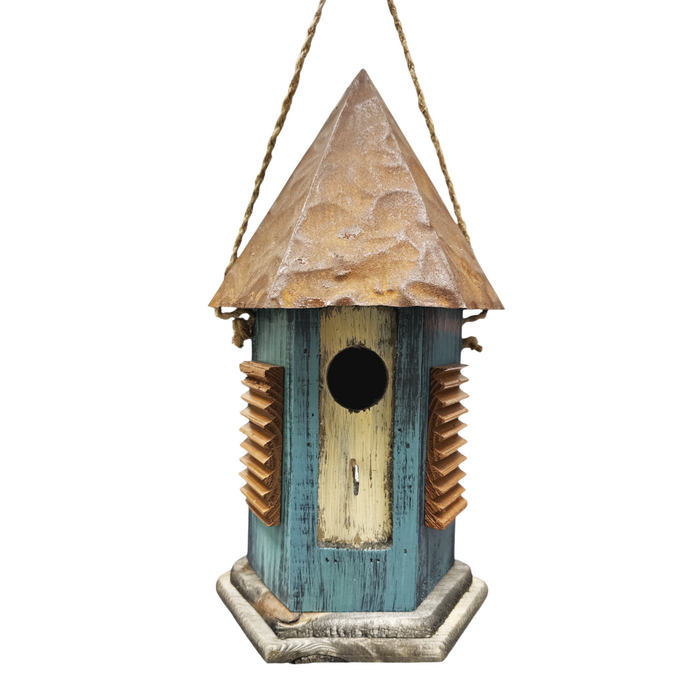 13" Hexagon Blue Birdhouse with Rusted Roof