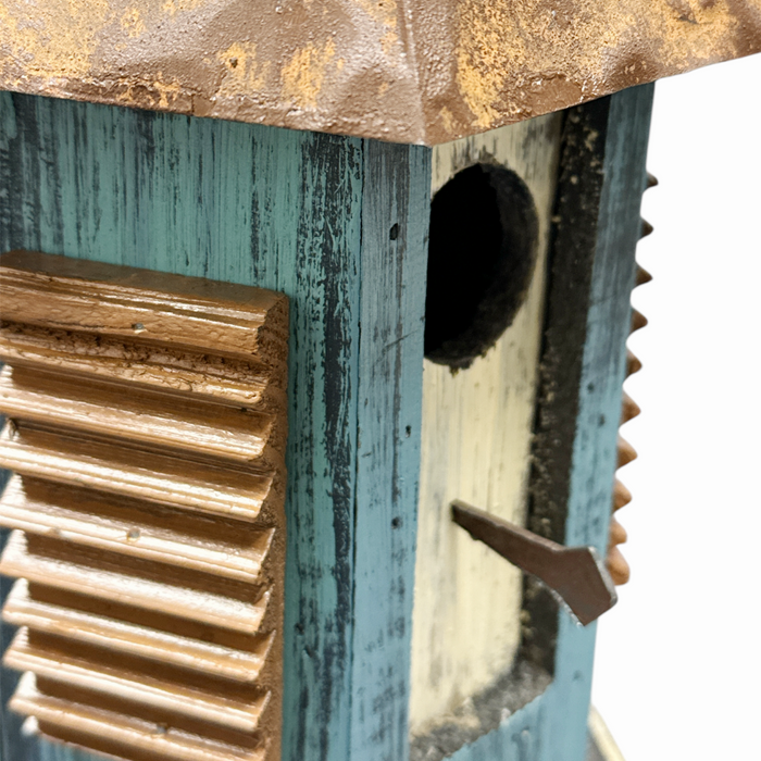 13" Hexagon Blue Birdhouse with Rusted Roof