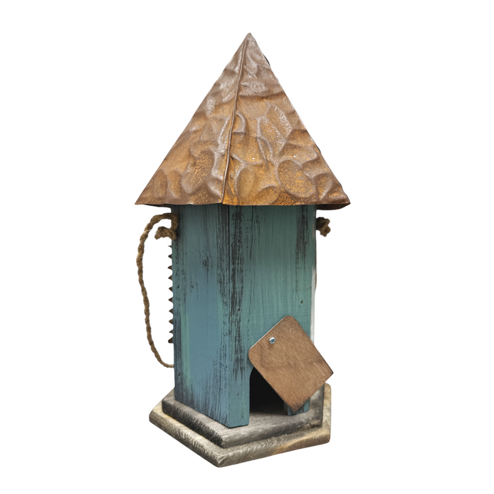 13" Hexagon Blue Birdhouse with Rusted Roof