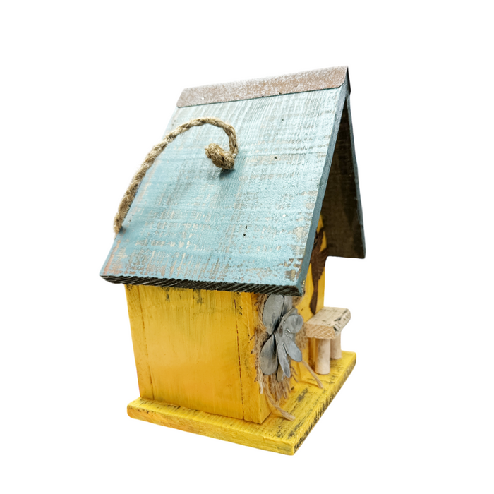 8.25" Tall Yellow Wooden Birdhouse With Appliques