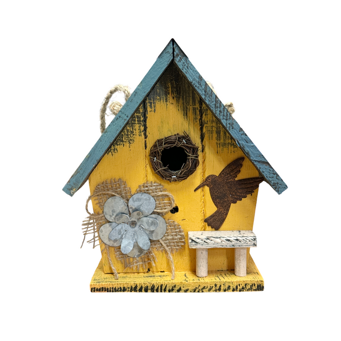 8.25" Tall Yellow Wooden Birdhouse With Appliques