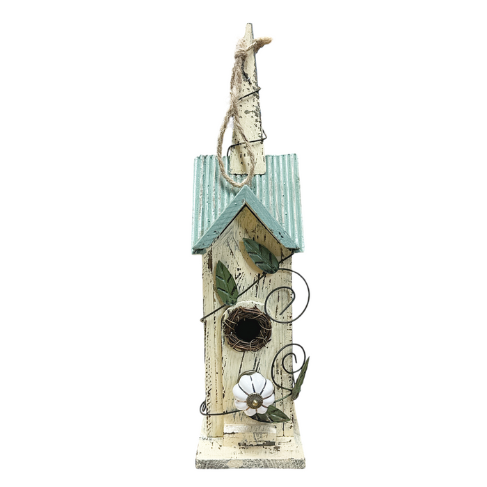 15.25" Tall Steeple Top Wooden Birdhouse-Cream