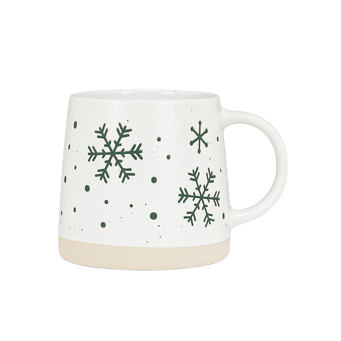 Wide Bottom Stoneware Mug - Green Snowflakes