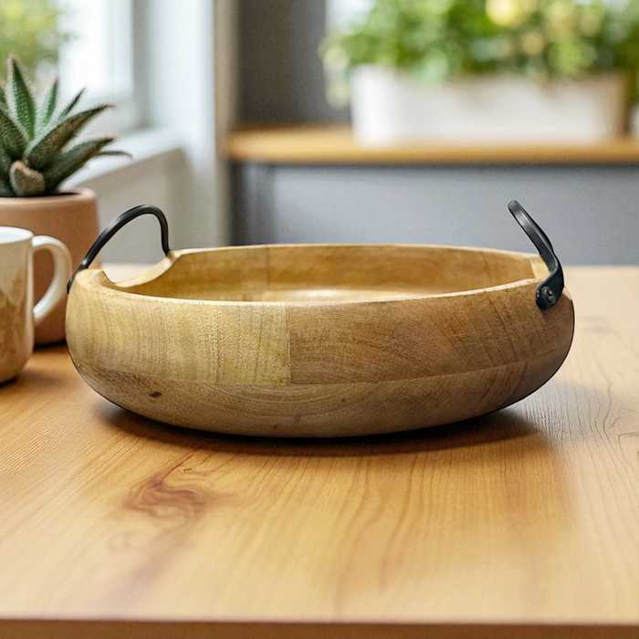 Round Wooden Bowl with Iron Handles - Large