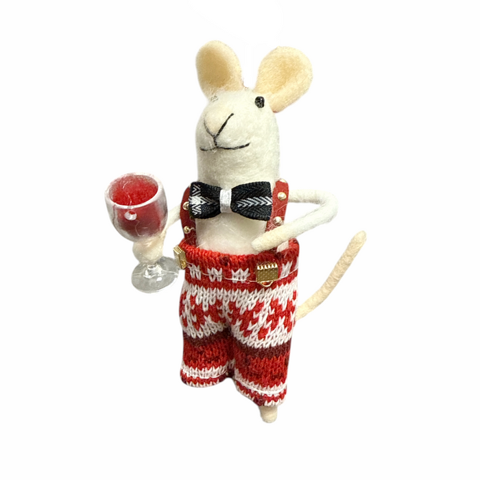Felted Wool Ornament - 5" Mouse in Overalls Holding Wine Glass