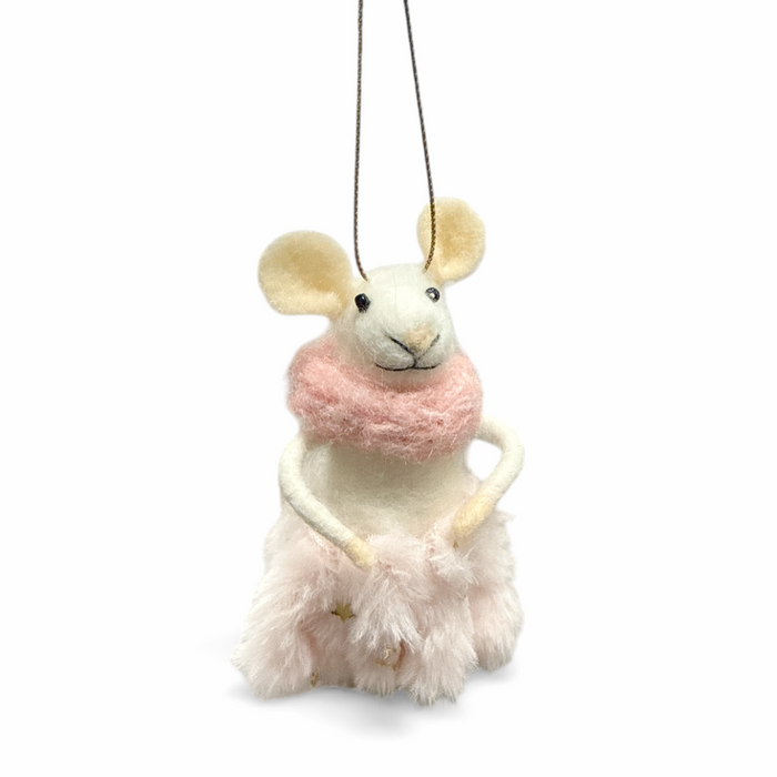 Felted Wool Ornament - 5" Mouse In a Pink Fur Skirt