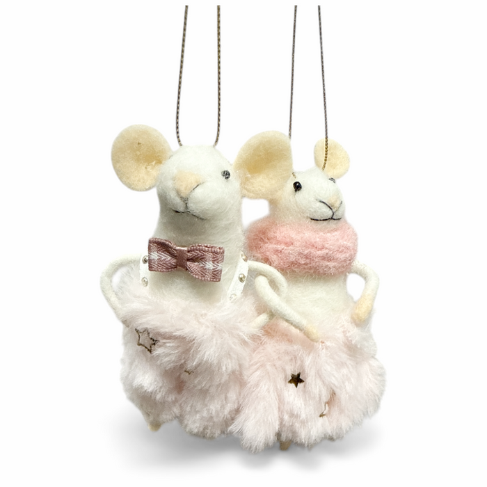 Felted Wool Ornament - 5" Mouse In Fuzzy Pink Overalls