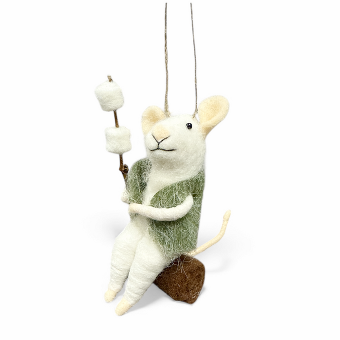 Felted Wool Ornament - 4" Mouse On Log Roasting Marshmallows