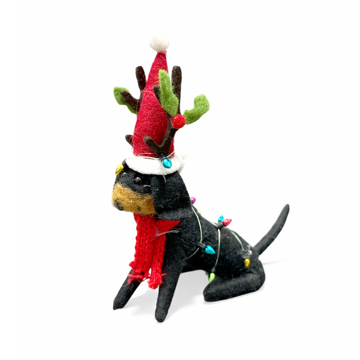 Felted Wool Ornament - 4" Black Dog with Santa Hat and Christmas Lights
