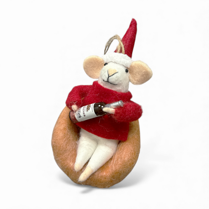 Felted Wool Ornament - 5" Mouse on Sofa with Wine Bottle