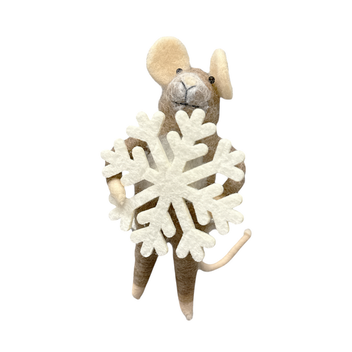 Felted Wool Ornament - 5" Mouse Holding Snowflake