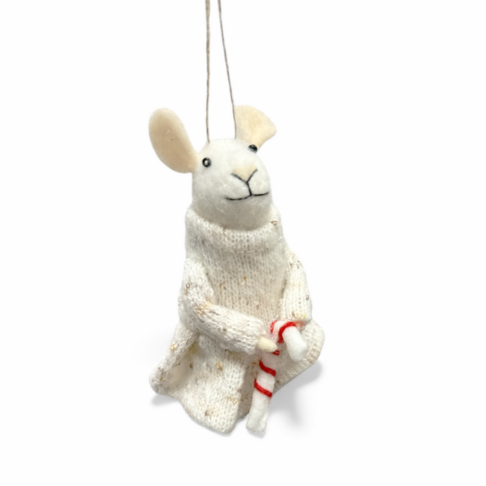 Felted Wool Ornament - 5" Mouse in Knitted Coat with Candy Cane