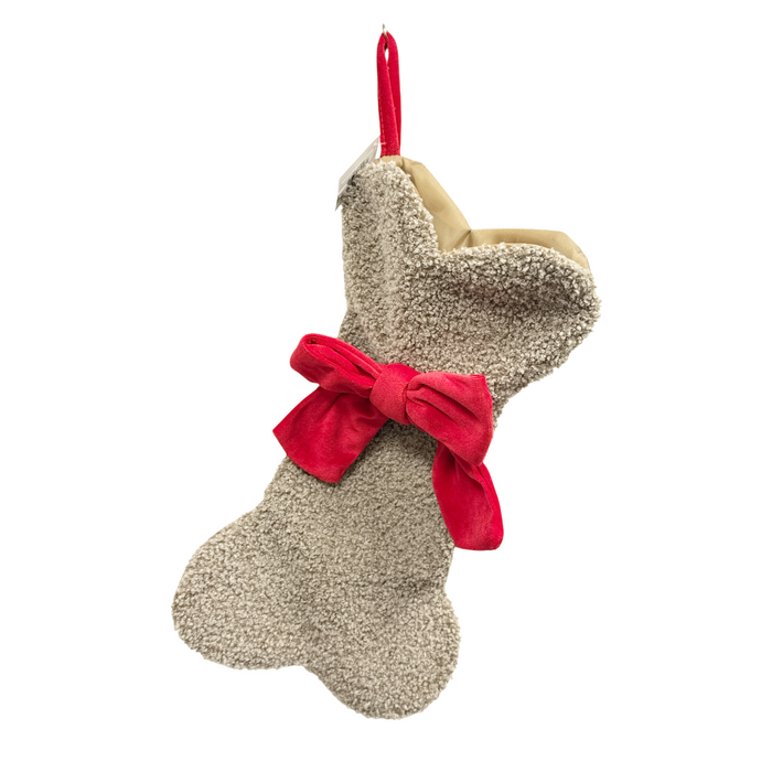 14" Light Brown Curly Faux Fur Bone Shaped Stocking with Bow