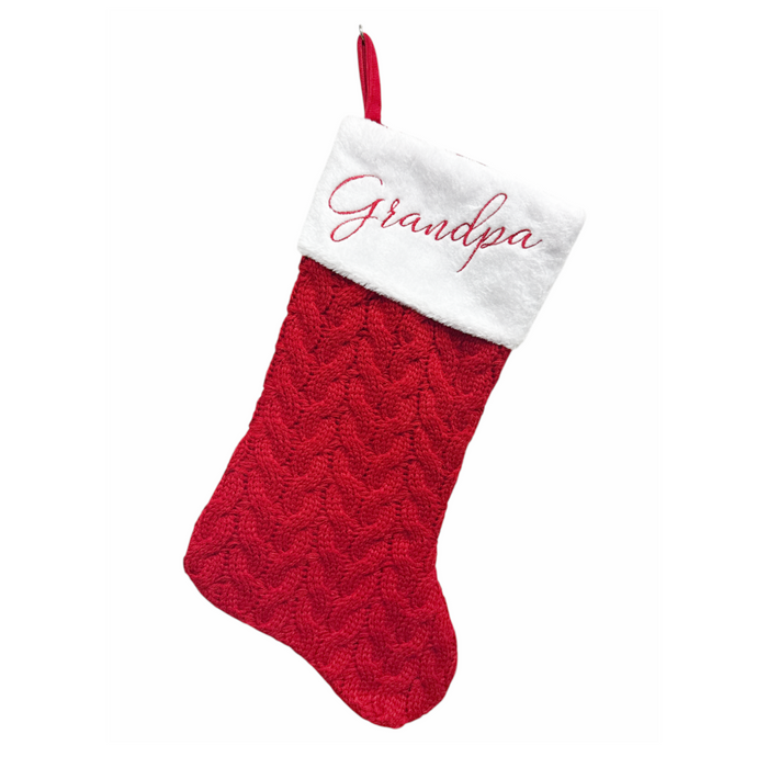 20.5" GRANDPA Embroidered Red Cable Knit Stocking with Faux Fur Cuff