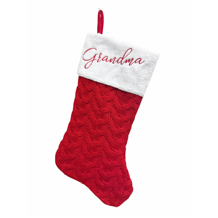 20.5" GRANDMA Embroidered Red Cable Knit Stocking with Faux Fur Cuff