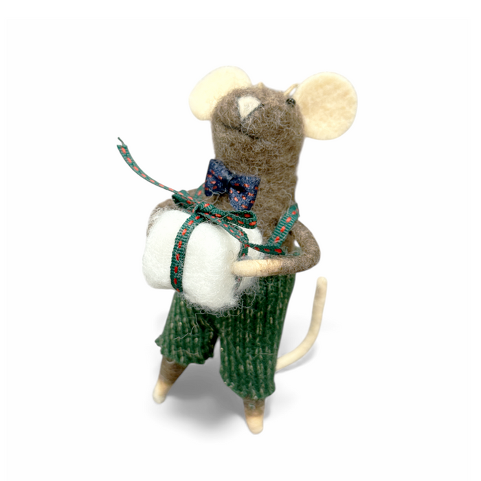 Felted Wool Ornament - 5" Mouse in Green Pants with Gift