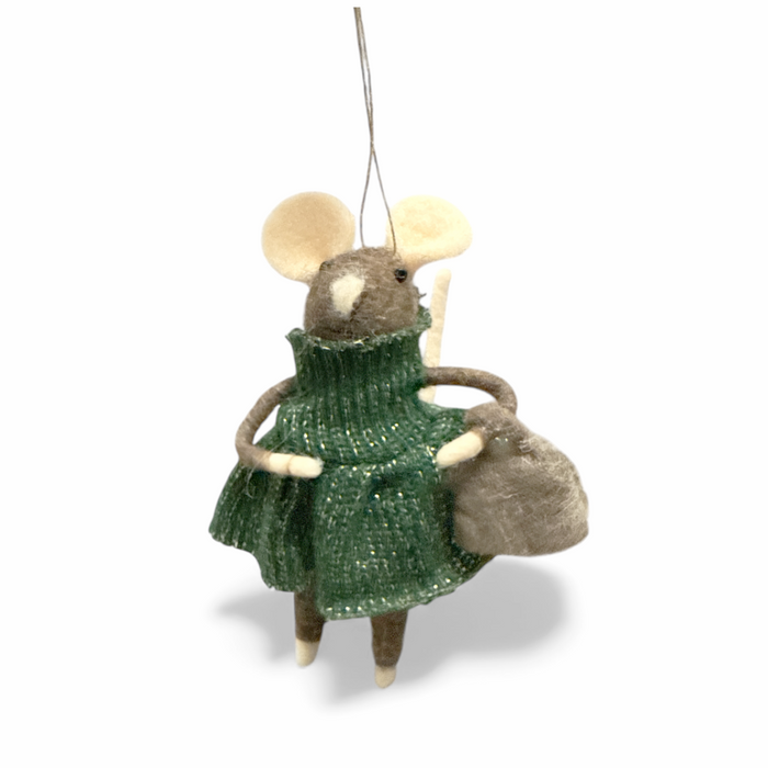 Felted Wool Ornament - 5" Mouse in Green Sweater Dress w/Bag