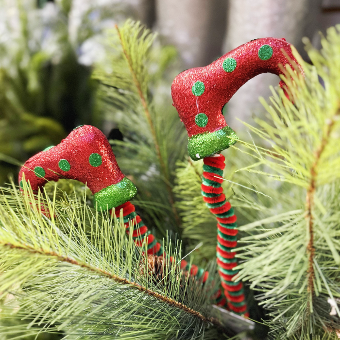 23" Red and Green Glitter Elf Feet Spray