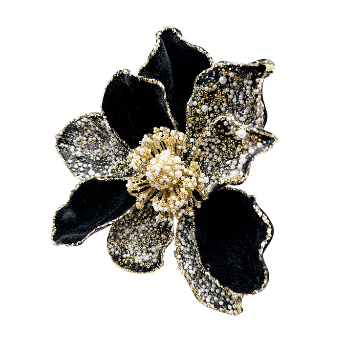 8" Black/Gold Beaded Velvet Magnolia Head with Alligator Clip