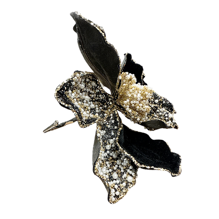 8" Black/Gold Beaded Velvet Magnolia Head with Alligator Clip