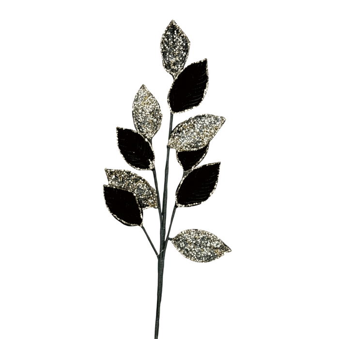 27.5" Black/Gold Velvet Beaded Mini Leaf Magnolia Spray