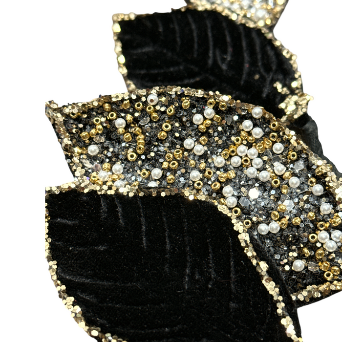27.5" Black/Gold Velvet Beaded Mini Leaf Magnolia Spray