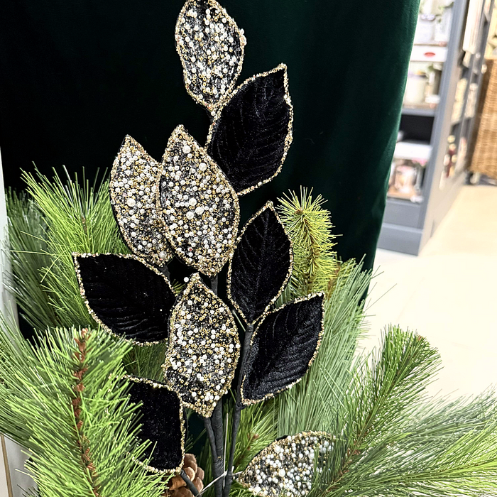 27.5" Black/Gold Velvet Beaded Mini Leaf Magnolia Spray