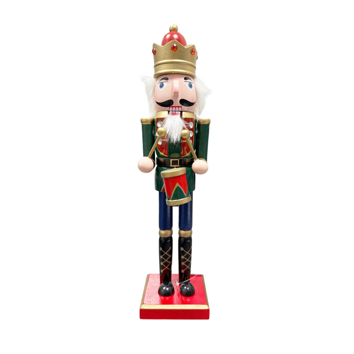 15" Red & Green Wooden Standing Nutcracker King with Drum