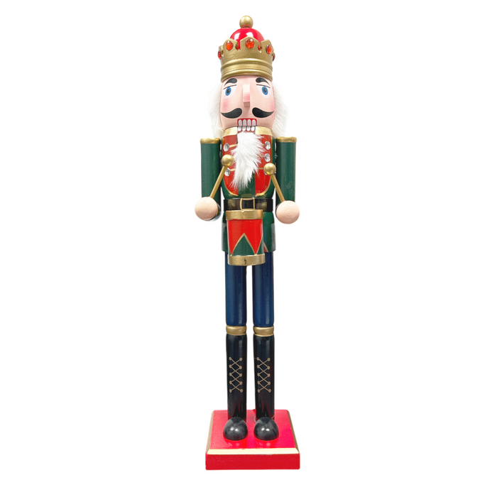 24" Green & Red Wooden Standing Nutcracker King with Drum