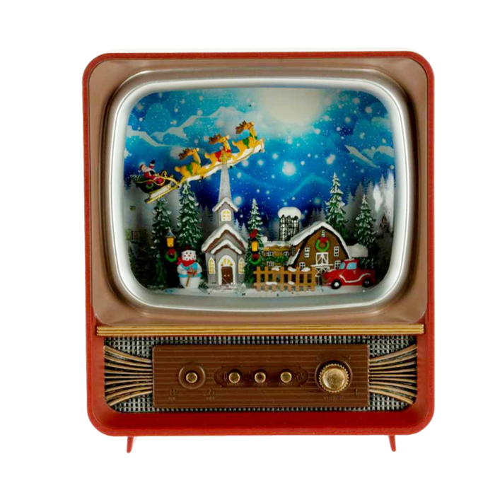 LED TV Water Globe With Santa Flying Over Town