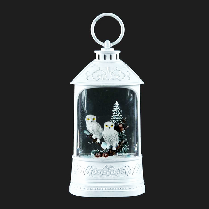 8.5" LED White Lantern Snow Globe with Owls