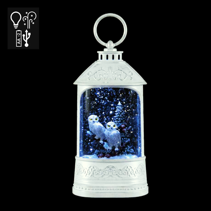 8.5" LED White Lantern Snow Globe with Owls