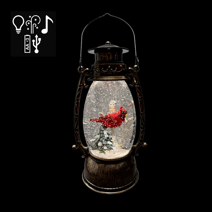 9.5" Musical Rustic LED Lantern Snow Globe with Cardinal