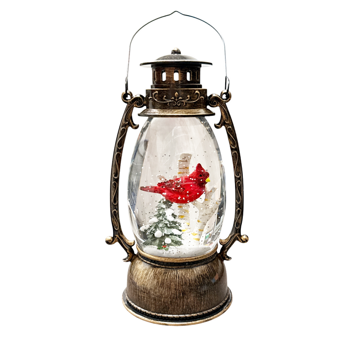 9.5" Musical Rustic LED Lantern Snow Globe with Cardinal