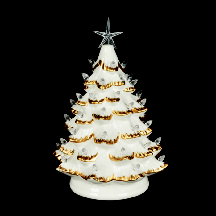 14" LED White Ceramic Xmas Tree with Gold Trim