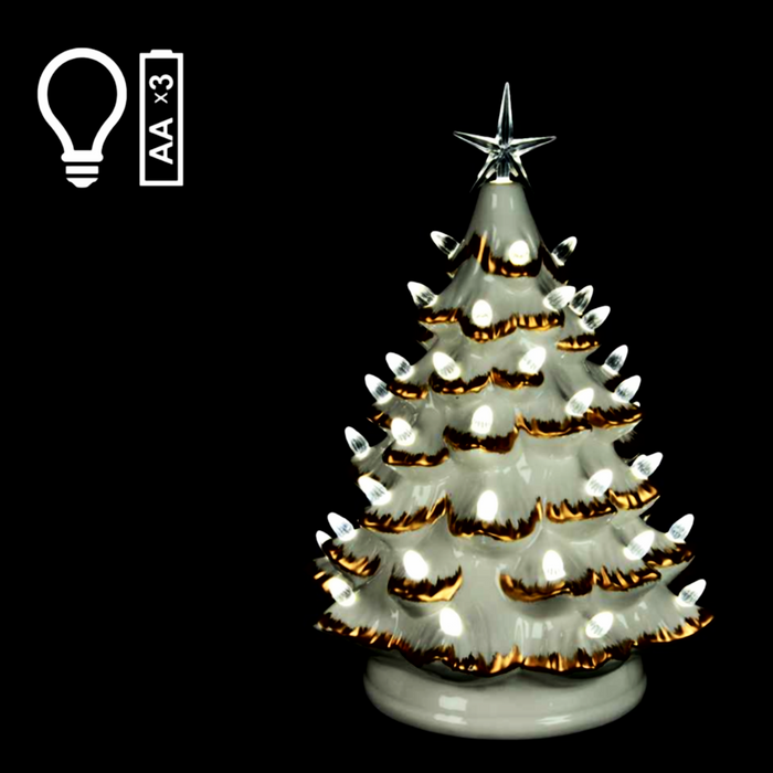 14" LED White Ceramic Xmas Tree with Gold Trim