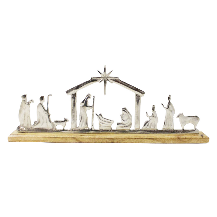 Aluminum Nativity Scene on Wood Base