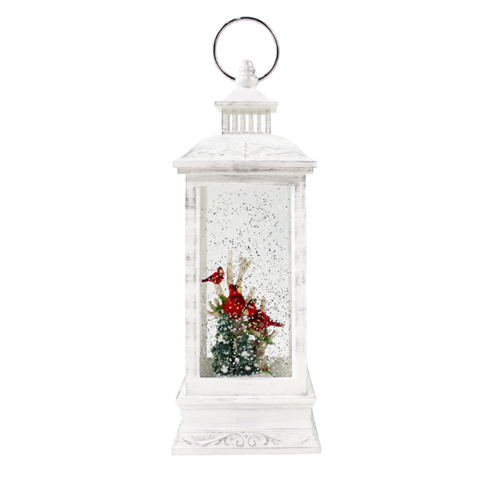 LED White Water/Glitter Spinning Lantern with Cardinals - Timer