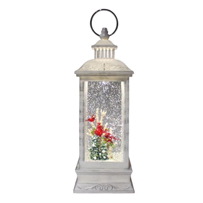 LED White Water/Glitter Spinning Lantern with Cardinals - Timer